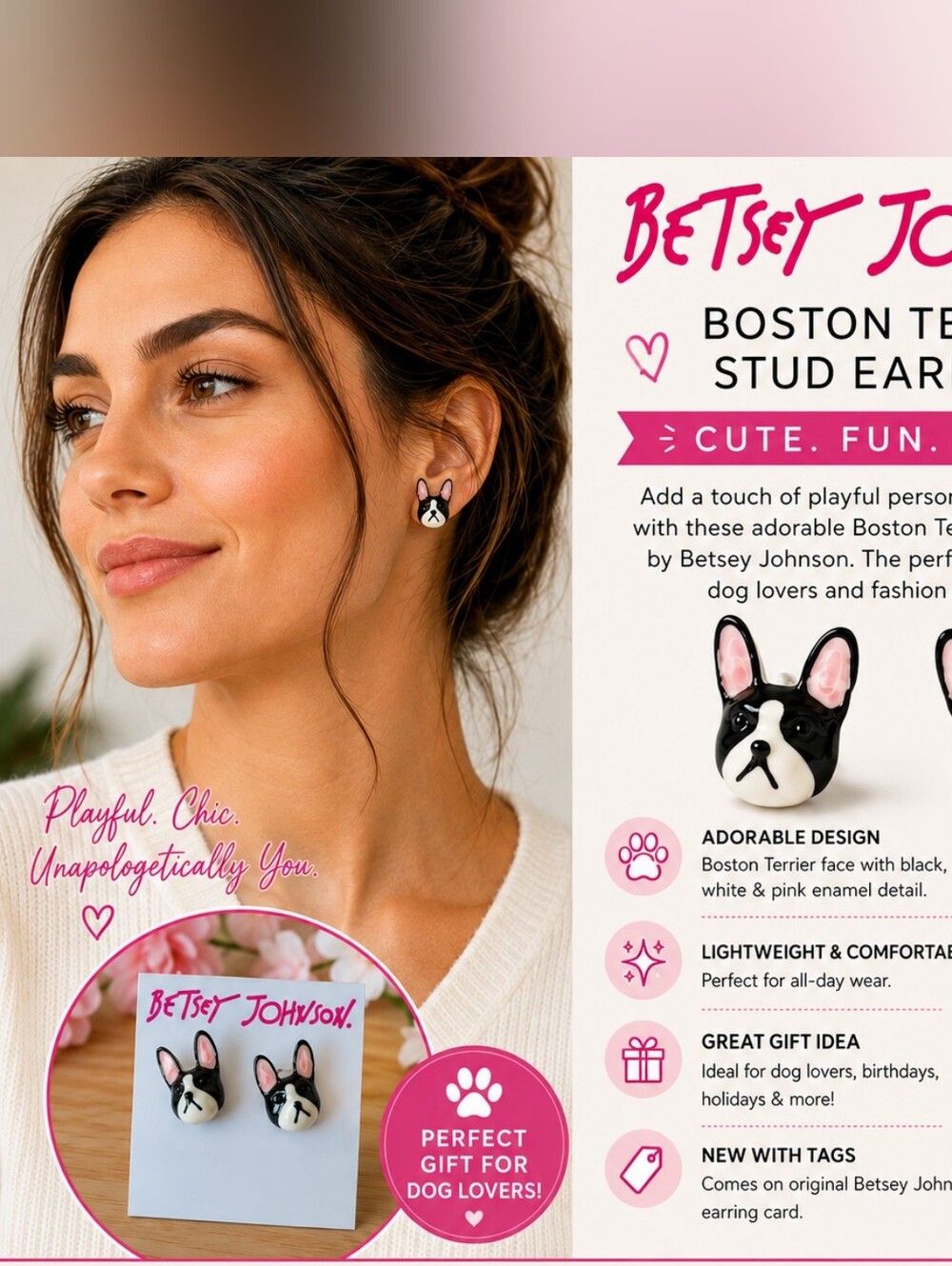 Betsey Johnson Black, White & Pink Boston Terrier Enamel Stud Earrings